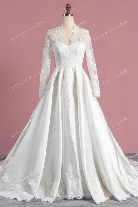 Scalloped Lace Long Sleeve Ivory Satin Wedding Dress