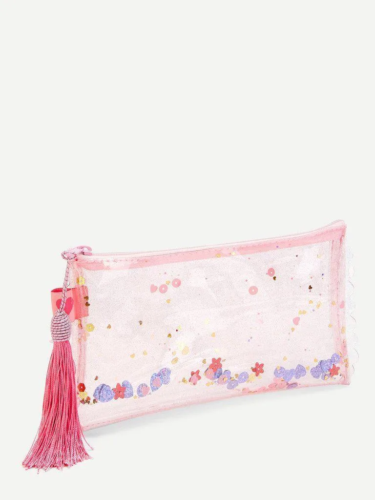 Scalloped Trim Tassel Glitter Pouch