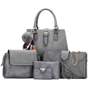 Scarf Pompon Suede 5 Pieces Handbag Set - Gray