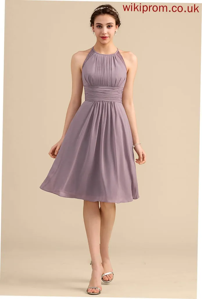 ScoopNeck A-Line Silhouette Length Ruffle Neckline Embellishment Knee-Length Fabric Tracy Bridesmaid Dresses