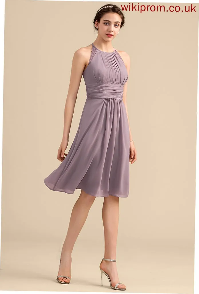 ScoopNeck A-Line Silhouette Length Ruffle Neckline Embellishment Knee-Length Fabric Tracy Bridesmaid Dresses