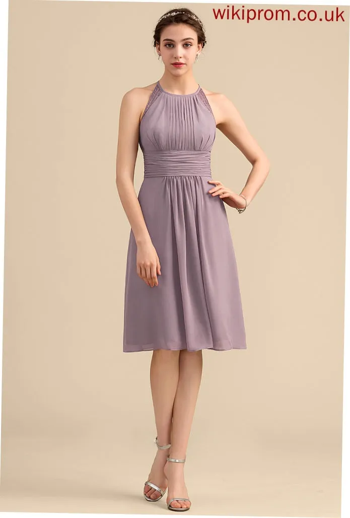 ScoopNeck A-Line Silhouette Length Ruffle Neckline Embellishment Knee-Length Fabric Tracy Bridesmaid Dresses