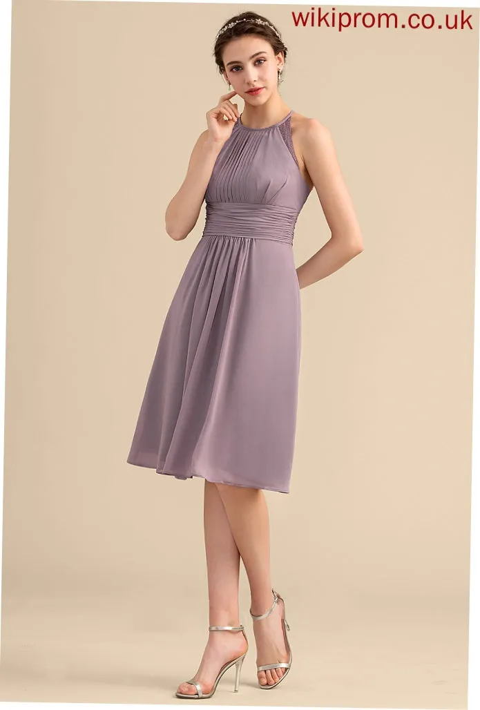 ScoopNeck A-Line Silhouette Length Ruffle Neckline Embellishment Knee-Length Fabric Tracy Bridesmaid Dresses