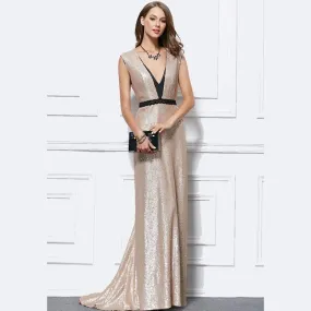 sd-hk Deep V Neck Gold Fishtail Evening Dress Sexy Banquet Dress