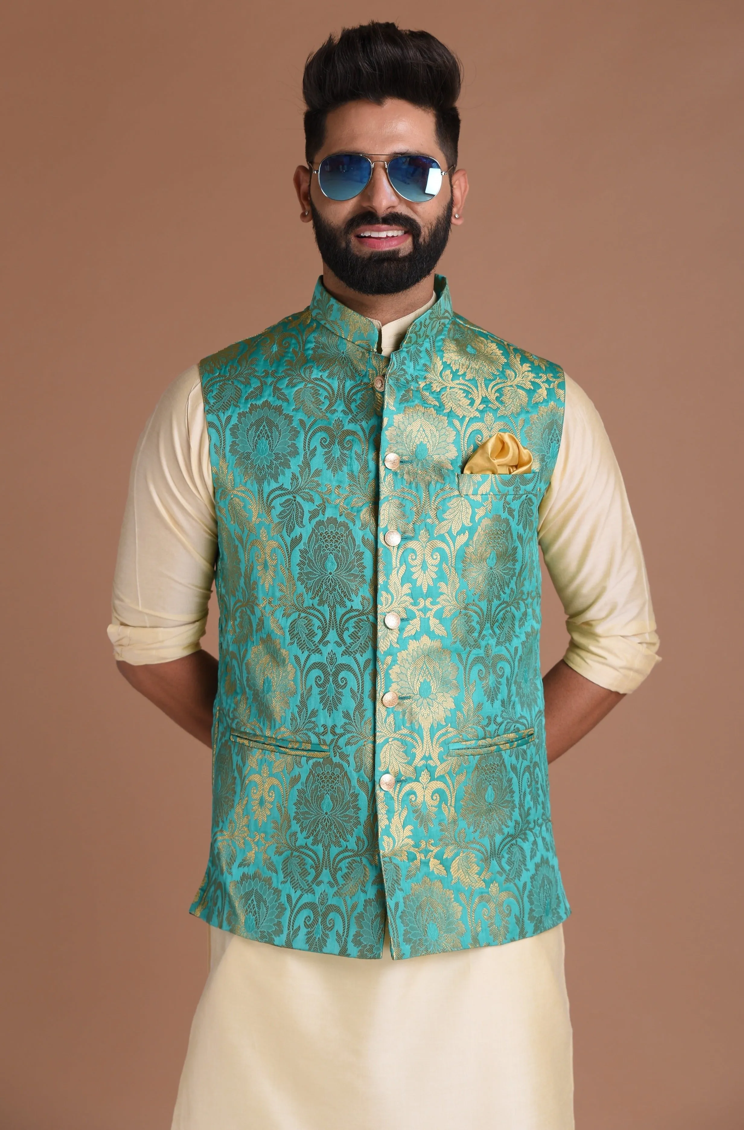 Sea Green Kim-Khab Half Jodhpuri Jacket With Kurta Pajama Set