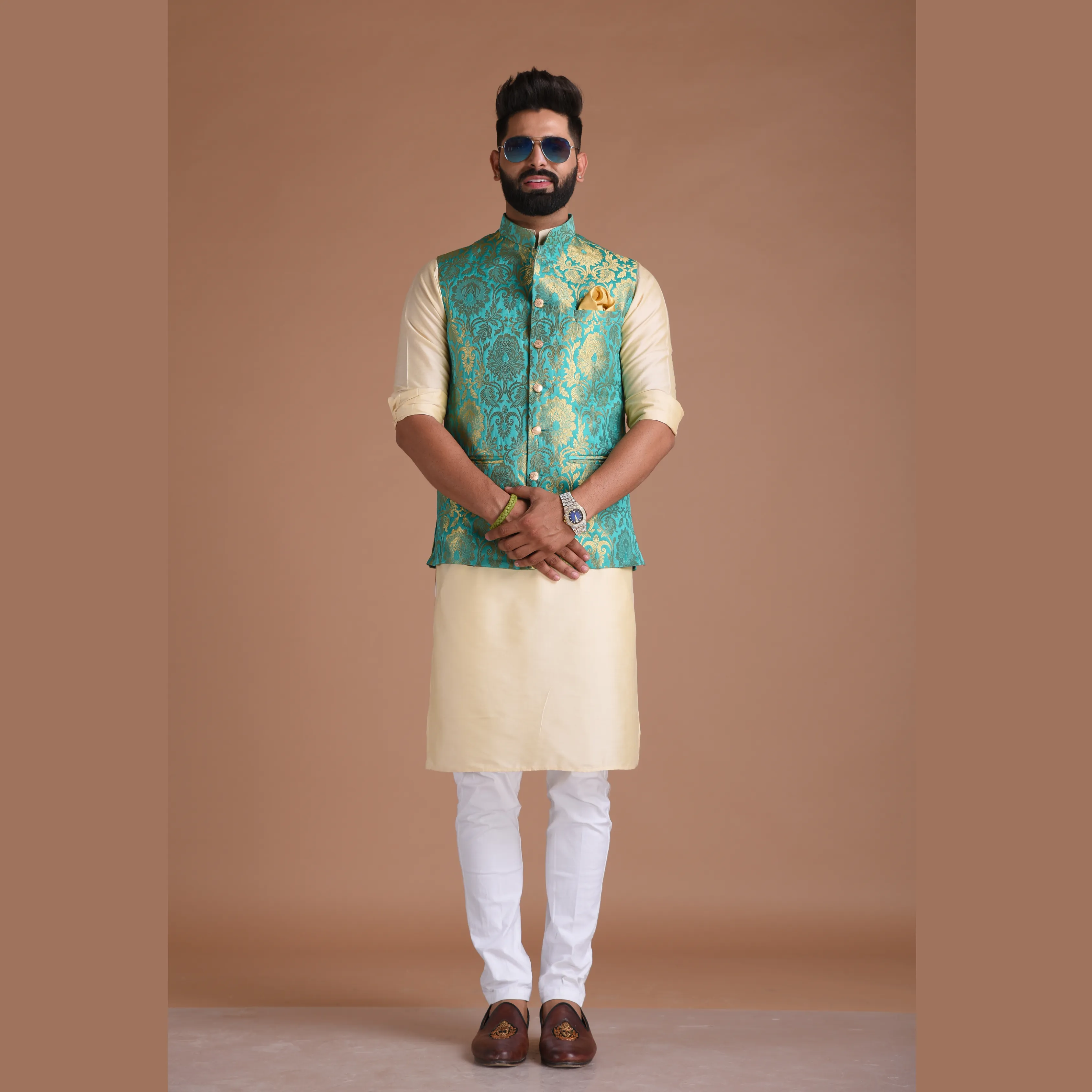 Sea Green Kim-Khab Half Jodhpuri Jacket With Kurta Pajama Set