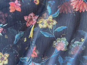 Semi-Sheer Springtime Maize, Cora & Bronze Meadow Flowers on Black Polyester Chiffon (Made in Italy)