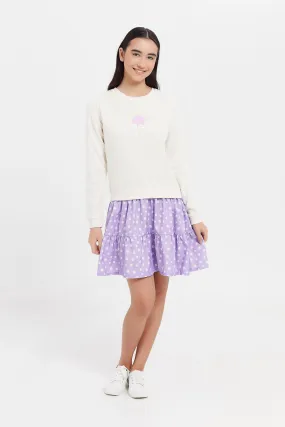 Senior Girls Cream And Purple Printed Dress