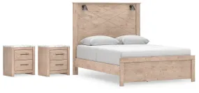 Senniberg Queen Panel Bed with 2 Nightstands in Light Brown/White