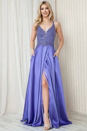 Sequin Applique Satin Slit Gown by Amelia Couture 6120