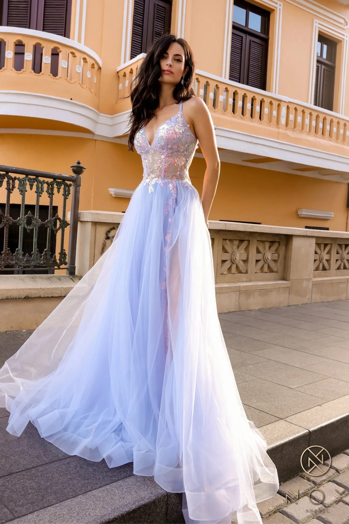 Sequin Applique Sleeveless A-line Slit Gown by Nox Anabel G1354