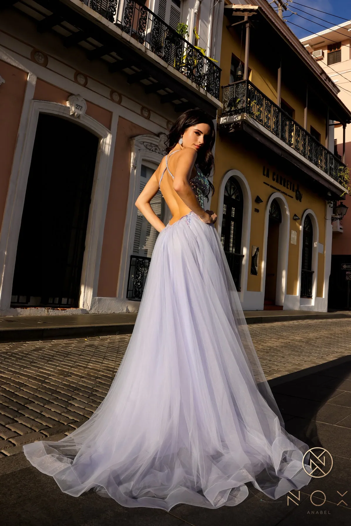 Sequin Applique Sleeveless A-line Slit Gown by Nox Anabel G1354