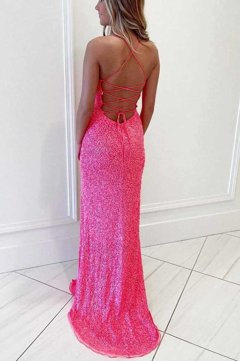 Sequins Evening Party Dresses Split Mermaid Long Prom Dresses