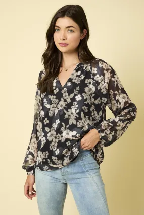 Serene Grace Elegant Floral Blouse, Charcoal