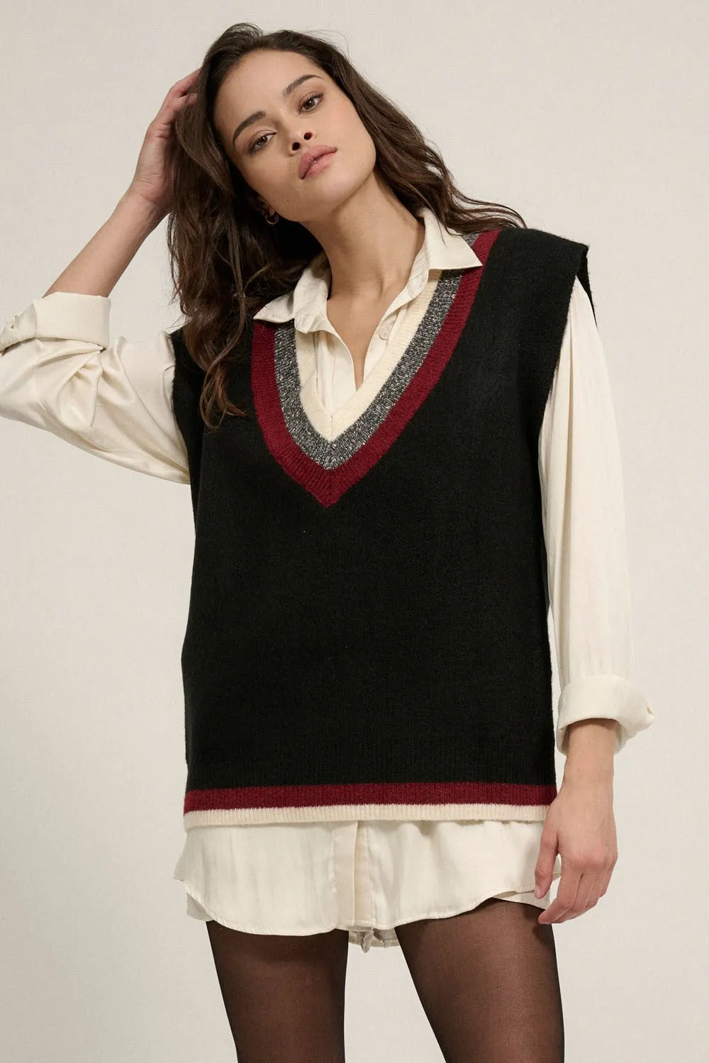 Serene Layering V-Neck Sweater Vest - Black