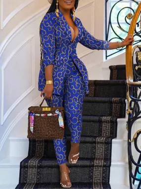 Sets Print Long Sleeve Blazer & Pants Two Piece Set for Women
