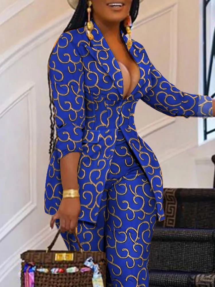 Sets Print Long Sleeve Blazer & Pants Two Piece Set for Women