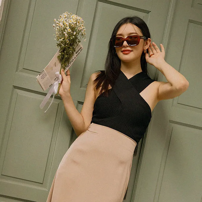 Sexy Basic Knit Cross Neck Fitted Crop Sleeveless Tank Top