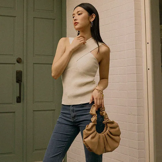 Sexy Basic Knit Cross Neck Fitted Crop Sleeveless Tank Top