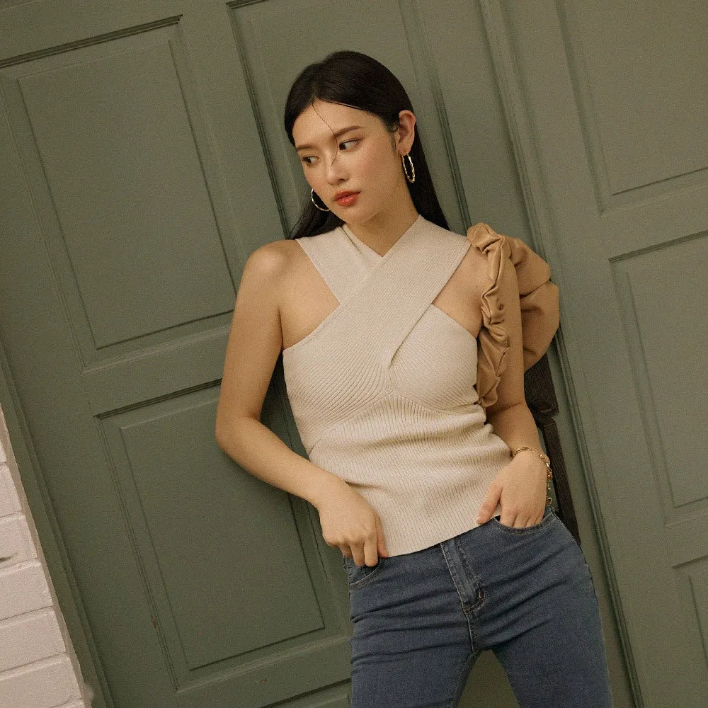 Sexy Basic Knit Cross Neck Fitted Crop Sleeveless Tank Top