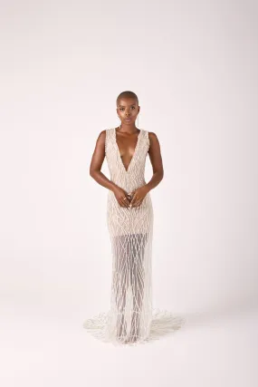Sexy Deep V-Neckline Full Beaded Nude Tulle Wedding Dress