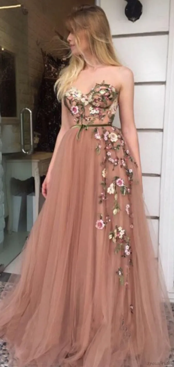 Sexy Dusty Pink Sweetheart Strapless Lace Top A-line Long Prom Dress, PD3266