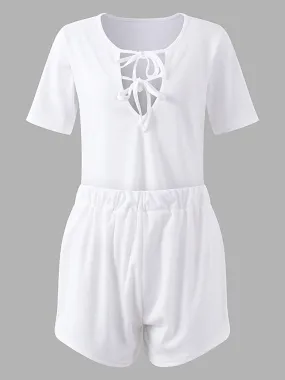 Sexy Women Deep V-Necklace-Up T-shirt Elastic Waist Shorts Set