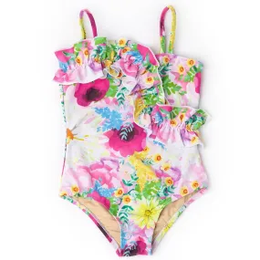 Shade Critters Ruffle Front Watercolor Floral One Piece Swimsuit