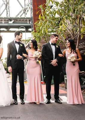 Sheath/Column Cowl Neck Spaghetti Straps Long/Floor-Length Satin Bridesmaid Dresses With Pleated Mira SWKP0025364