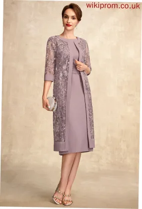 Sheath/Column Scoop With Dress Ruffle Mother of the Bride Dresses Knee-Length Aubrie Sequins Chiffon Bride Neck the of Mother