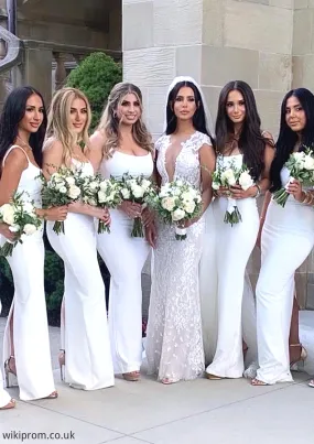 Sheath/Column Square Neckline Spaghetti Straps Long/Floor-Length Satin Bridesmaid Dresses With Split Shyla SWKP0025361
