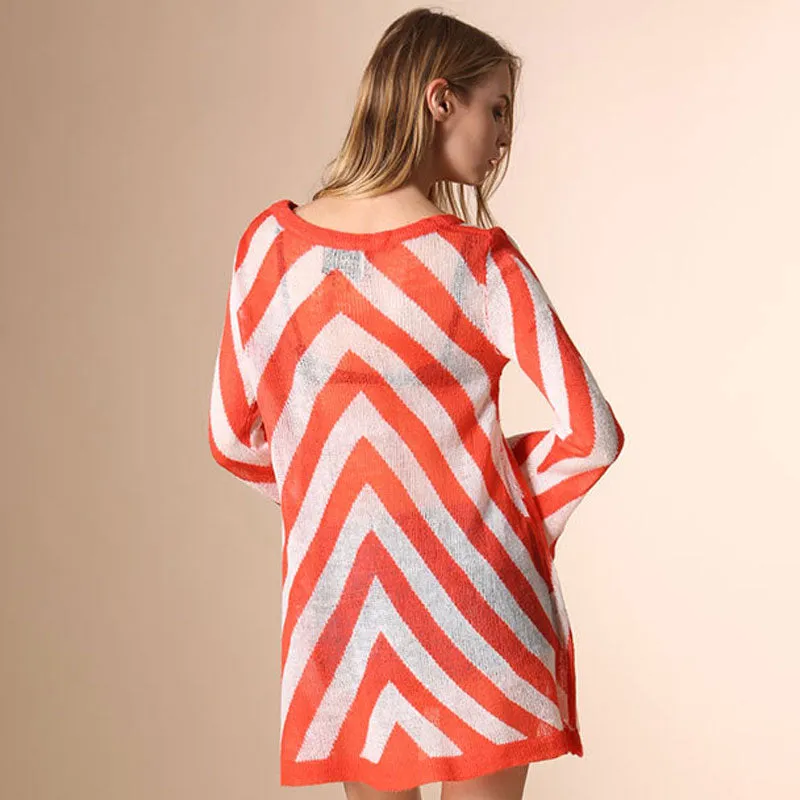 Sheer Chevron Orange and White Striped Bell Sleeve Crew Neck Pullover Long Sweater