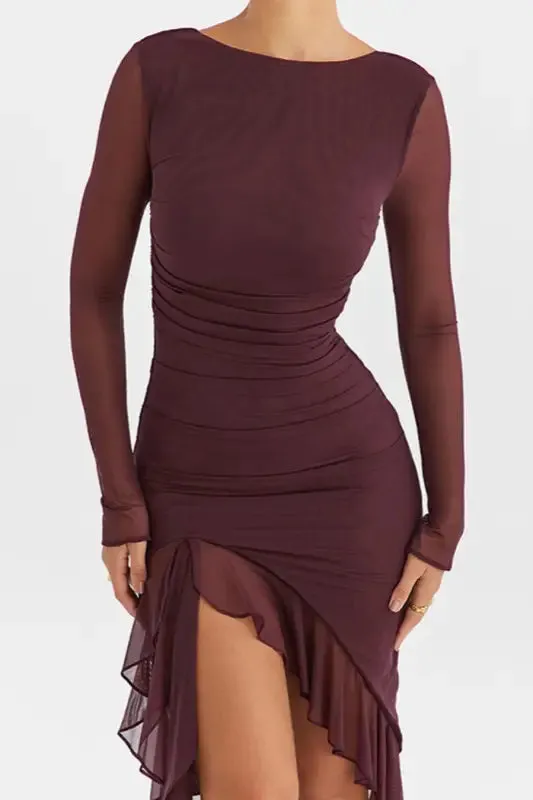 Sheer Ruffle Trim Bodycon Midi Dress