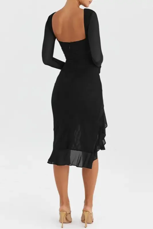 Sheer Ruffle Trim Bodycon Midi Dress