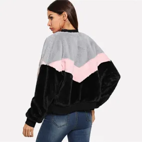 SHEIN Multicolor Preppy Chevron Fuzzy Zipper Up Colorblock Stand Collar Campus Jacket 2019 Autumn Casual Women Coat And Outwear
