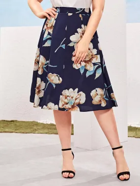 SHEIN Plus Floral Print Boxy Pleated Skirt