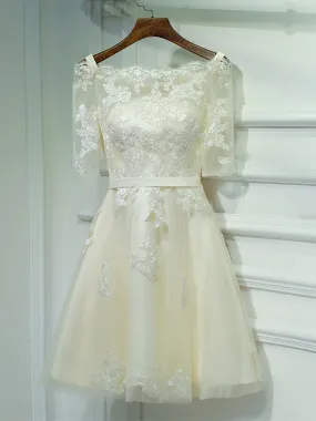 Short Champagne Lace Prom Dresses, Short Champagne Lace Formal Homecoming Dresses