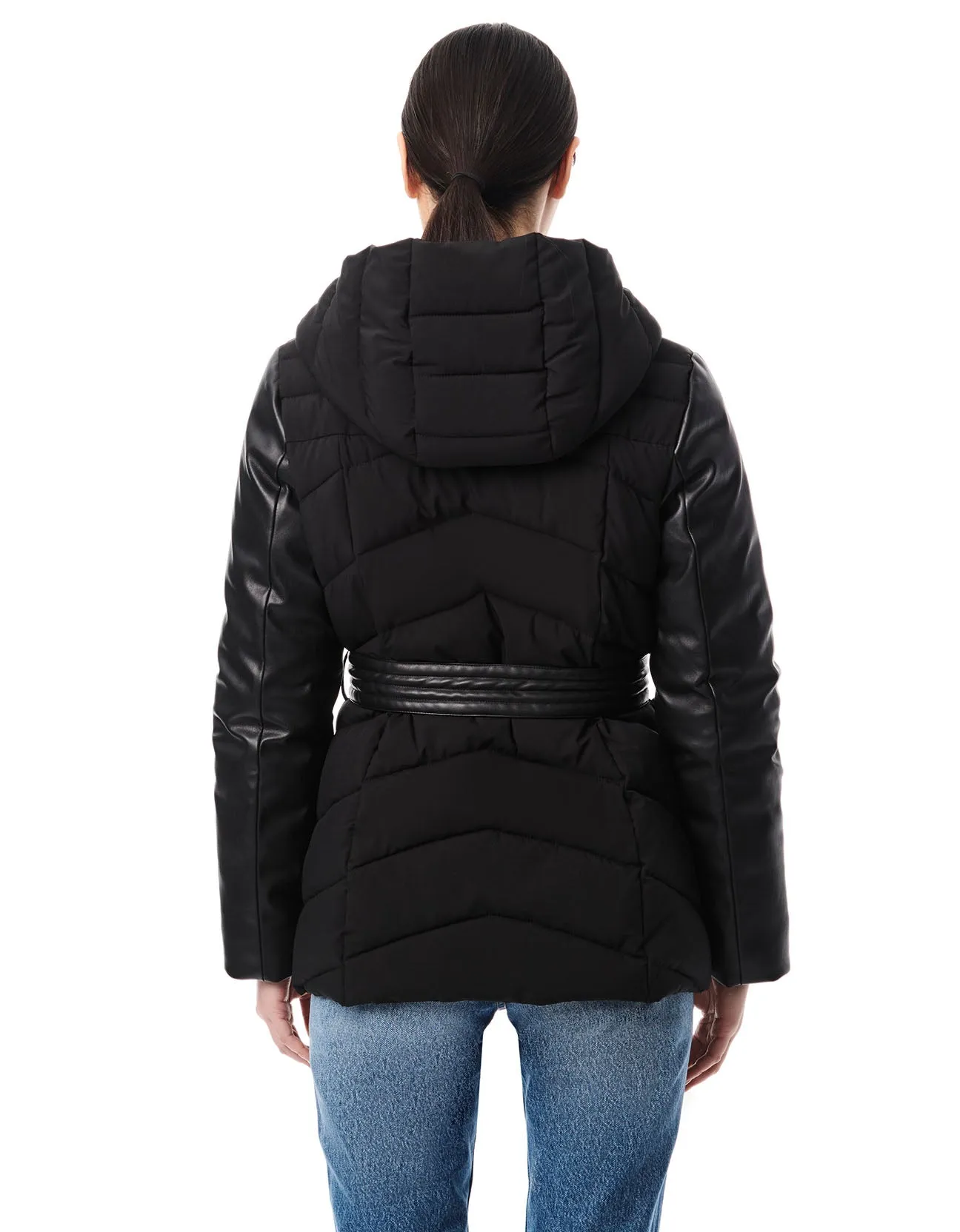 Short Faux Leather Combo Puffer