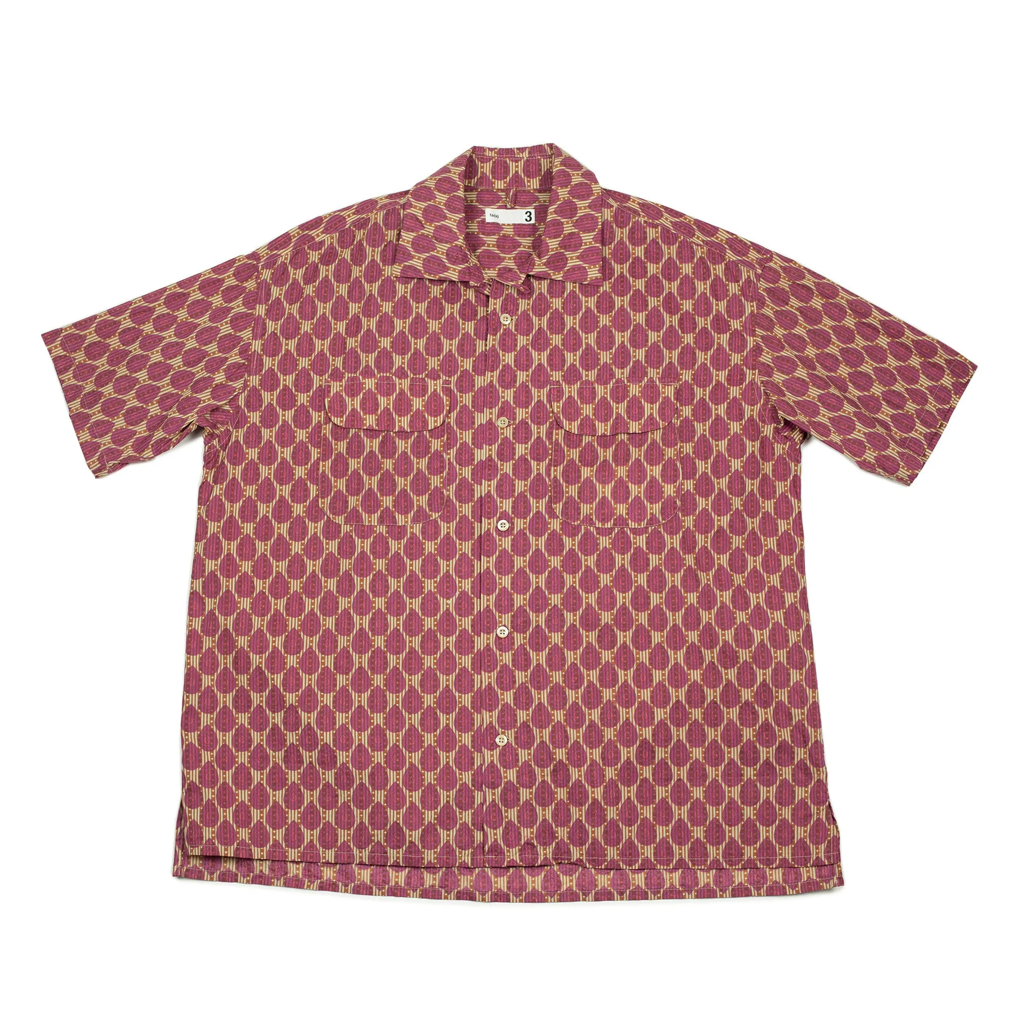 Short sleeve convertible collar shirt in magenta ikat print