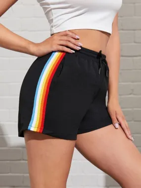 Side Rainbow Striped Drawstring Shorts