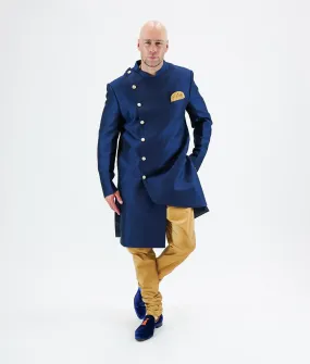 Silk Asymmetric Dark Space Blue Long Sherwani / Jacket