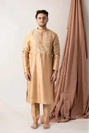 Silk Kurta And Pants With Highlighted Crochet Yoke Placket