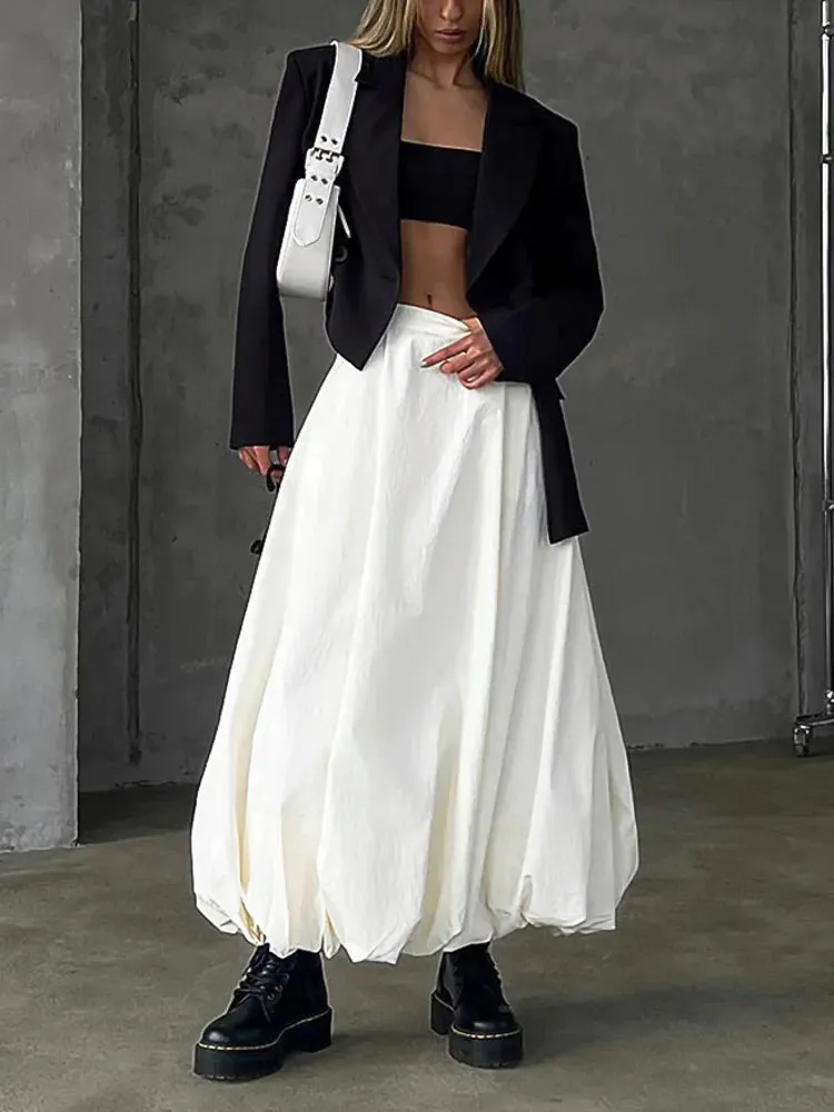 Silk Satin White Maxi Skirt Long Ruffled Pleated Skirts Elegant Lantern Pants A-Line Silk Long Skirts For Women New