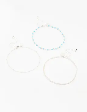 Silver Ball & Chain & Beaded Anklets 3-Pack