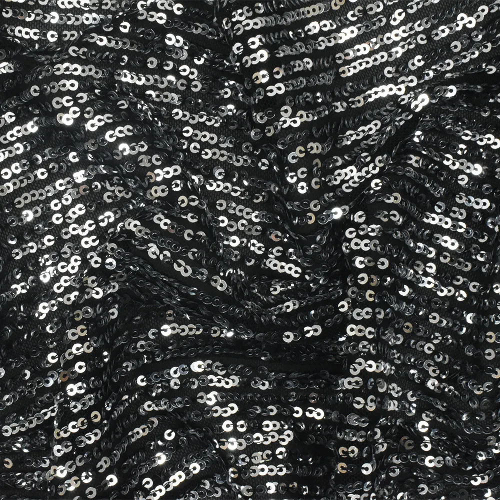 Silver-Black Stripe Sequin Stretch Poly Mesh Knit Fabric