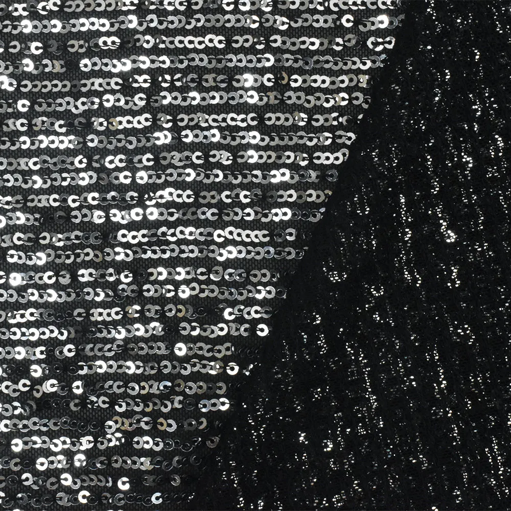 Silver-Black Stripe Sequin Stretch Poly Mesh Knit Fabric