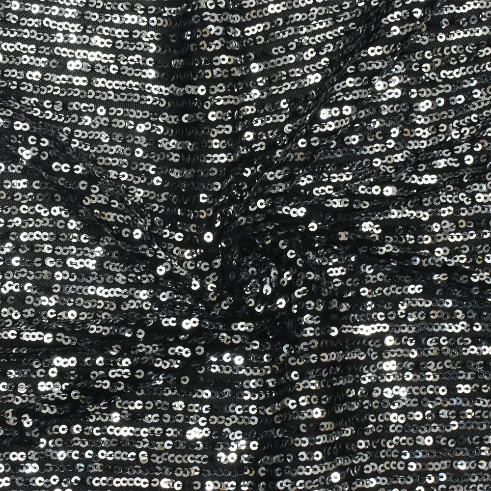 Silver-Black Stripe Sequin Stretch Poly Mesh Knit Fabric