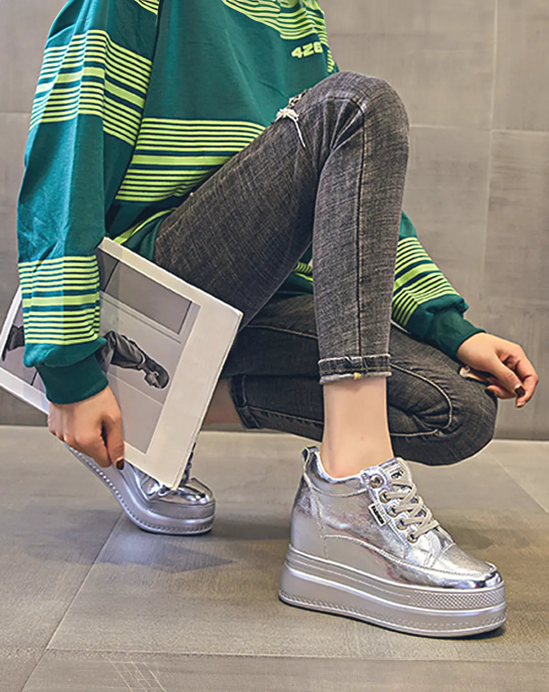 ♀本革／Silver Chunky Platform Sneakers