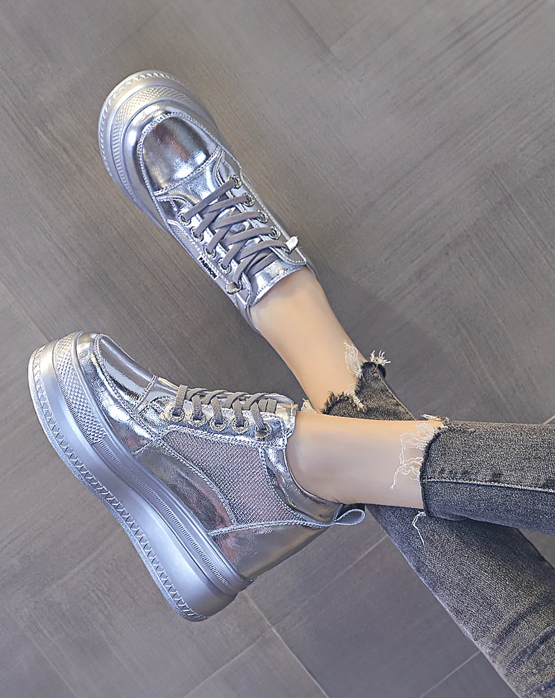 ♀本革／Silver Chunky Platform Sneakers
