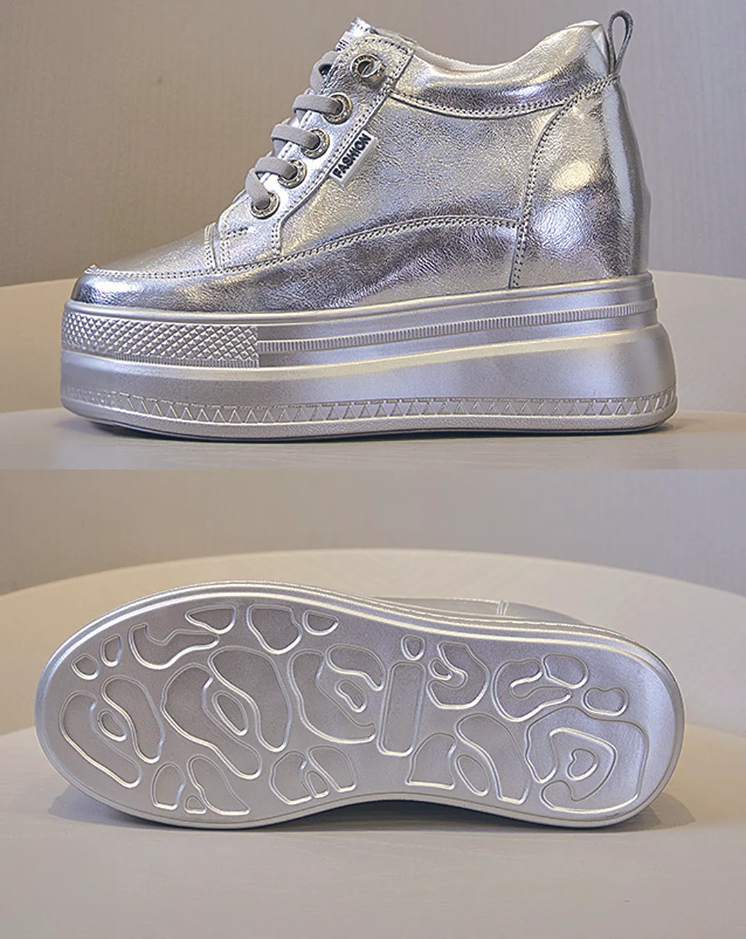 ♀本革／Silver Chunky Platform Sneakers